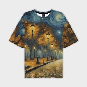 Мужская футболка oversize 3D с принтом Ночь улица фонарь осенняя зарисовка в Петрозаводске,  |  | 