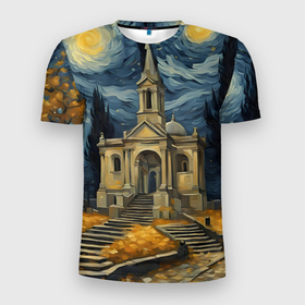 Мужская футболка 3D Slim с принтом Звездная осенняя ночь над храмом в Петрозаводске, 100% полиэстер с улучшенными характеристиками | приталенный силуэт, круглая горловина, широкие плечи, сужается к линии бедра | Тематика изображения на принте: 