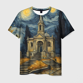 Мужская футболка 3D с принтом Звездная осенняя ночь над храмом в Петрозаводске, 100% полиэфир | прямой крой, круглый вырез горловины, длина до линии бедер | 