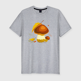 Мужская футболка хлопок Slim с принтом Осенний гриб боровик в Кировске, 92% хлопок, 8% лайкра | приталенный силуэт, круглый вырез ворота, длина до линии бедра, короткий рукав | 