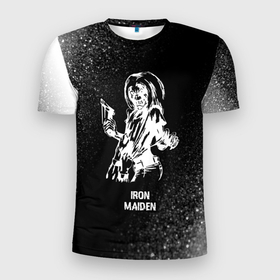 Мужская футболка 3D Slim с принтом Iron Maiden glitch на темном фоне в Новосибирске, 100% полиэстер с улучшенными характеристиками | приталенный силуэт, круглая горловина, широкие плечи, сужается к линии бедра | 