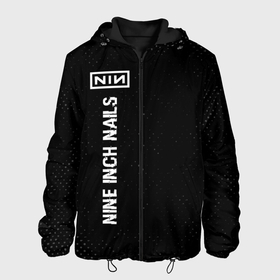 Мужская куртка 3D с принтом Nine Inch Nails glitch на темном фоне по вертикали в Кировске, ткань верха — 100% полиэстер, подклад — флис | прямой крой, подол и капюшон оформлены резинкой с фиксаторами, два кармана без застежек по бокам, один большой потайной карман на груди. Карман на груди застегивается на липучку | 