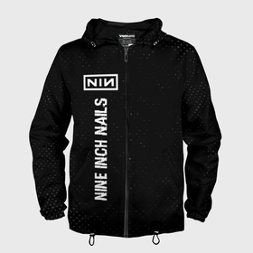 Мужская ветровка 3D с принтом Nine Inch Nails glitch на темном фоне по вертикали в Санкт-Петербурге, 100% полиэстер | подол и капюшон оформлены резинкой с фиксаторами, два кармана без застежек по бокам, один потайной карман на груди | 