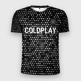 Мужская футболка 3D Slim с принтом Coldplay glitch на темном фоне посередине , 100% полиэстер с улучшенными характеристиками | приталенный силуэт, круглая горловина, широкие плечи, сужается к линии бедра | 