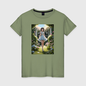 Женская футболка хлопок с принтом Kpop idol девушка в саду в Екатеринбурге, 100% хлопок | прямой крой, круглый вырез горловины, длина до линии бедер, слегка спущенное плечо | 
