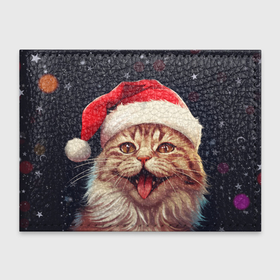 Обложка для студенческого билета с принтом New Years mood from Santa the cat в Екатеринбурге, натуральная кожа | Размер: 11*8 см; Печать на всей внешней стороне | Тематика изображения на принте: 