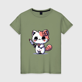 Женская футболка хлопок с принтом Милый котенок с ножом в Петрозаводске, 100% хлопок | прямой крой, круглый вырез горловины, длина до линии бедер, слегка спущенное плечо | 