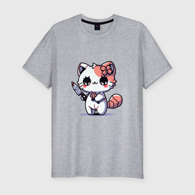 Мужская футболка хлопок Slim с принтом Милый котенок с ножом в Екатеринбурге, 92% хлопок, 8% лайкра | приталенный силуэт, круглый вырез ворота, длина до линии бедра, короткий рукав | 