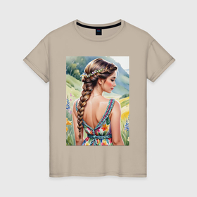 Женская футболка хлопок с принтом Девушка на лугу в Екатеринбурге, 100% хлопок | прямой крой, круглый вырез горловины, длина до линии бедер, слегка спущенное плечо | 