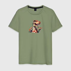 Мужская футболка хлопок с принтом Тиранозавр с пиццей в Тюмени, 100% хлопок | прямой крой, круглый вырез горловины, длина до линии бедер, слегка спущенное плечо. | 