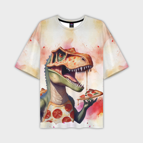 Мужская футболка oversize 3D с принтом Тиранозавр и пицца в Новосибирске,  |  | 