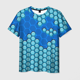Мужская футболка 3D с принтом Синяя энерго броня из шестиугольников в Петрозаводске, 100% полиэфир | прямой крой, круглый вырез горловины, длина до линии бедер | 
