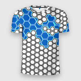 Мужская футболка 3D Slim с принтом Синяя энерго броня из шестиугольников , 100% полиэстер с улучшенными характеристиками | приталенный силуэт, круглая горловина, широкие плечи, сужается к линии бедра | 
