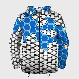 Мужская ветровка 3D с принтом Синяя энерго броня из шестиугольников в Тюмени, 100% полиэстер | подол и капюшон оформлены резинкой с фиксаторами, два кармана без застежек по бокам, один потайной карман на груди | 