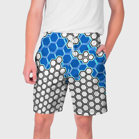 Мужские шорты 3D с принтом Синяя энерго броня из шестиугольников ,  полиэстер 100% | прямой крой, два кармана без застежек по бокам. Мягкая трикотажная резинка на поясе, внутри которой широкие завязки. Длина чуть выше колен | 