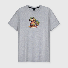 Мужская футболка хлопок Slim с принтом Динозавр с гамбургером в Белгороде, 92% хлопок, 8% лайкра | приталенный силуэт, круглый вырез ворота, длина до линии бедра, короткий рукав | 