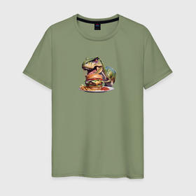 Мужская футболка хлопок с принтом Динозавр с гамбургером в Екатеринбурге, 100% хлопок | прямой крой, круглый вырез горловины, длина до линии бедер, слегка спущенное плечо. | 