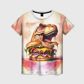 Женская футболка 3D с принтом Тиранозавр с гамбургером , 100% полиэфир ( синтетическое хлопкоподобное полотно) | прямой крой, круглый вырез горловины, длина до линии бедер | 