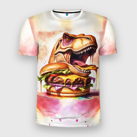 Мужская футболка 3D Slim с принтом Тиранозавр с гамбургером в Кировске, 100% полиэстер с улучшенными характеристиками | приталенный силуэт, круглая горловина, широкие плечи, сужается к линии бедра | 