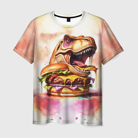 Мужская футболка 3D с принтом Тиранозавр с гамбургером в Кировске, 100% полиэфир | прямой крой, круглый вырез горловины, длина до линии бедер | 