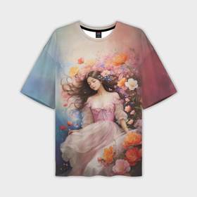 Мужская футболка oversize 3D с принтом Спящая девушка в цветах в Кировске,  |  | Тематика изображения на принте: 