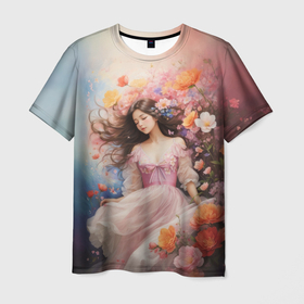 Мужская футболка 3D с принтом Спящая девушка в цветах в Кировске, 100% полиэфир | прямой крой, круглый вырез горловины, длина до линии бедер | Тематика изображения на принте: 