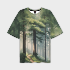 Мужская футболка oversize 3D с принтом Тропинка через утренний лес в Санкт-Петербурге,  |  | Тематика изображения на принте: 