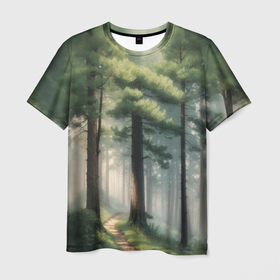 Мужская футболка 3D с принтом Тропинка через утренний лес в Санкт-Петербурге, 100% полиэфир | прямой крой, круглый вырез горловины, длина до линии бедер | Тематика изображения на принте: 