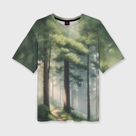 Женская футболка oversize 3D с принтом Тропинка через утренний лес в Тюмени,  |  | 