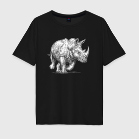 Мужская футболка хлопок Oversize с принтом Белый носорог бежит в Курске, 100% хлопок | свободный крой, круглый ворот, “спинка” длиннее передней части | 