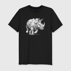 Мужская футболка хлопок Slim с принтом Белый носорог бежит в Курске, 92% хлопок, 8% лайкра | приталенный силуэт, круглый вырез ворота, длина до линии бедра, короткий рукав | Тематика изображения на принте: 