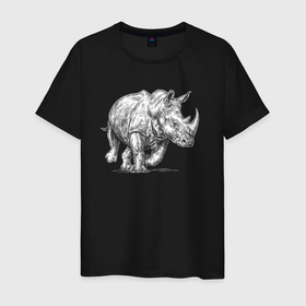 Мужская футболка хлопок с принтом Белый носорог бежит в Курске, 100% хлопок | прямой крой, круглый вырез горловины, длина до линии бедер, слегка спущенное плечо. | 