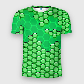 Мужская футболка 3D Slim с принтом Зелёная энерго броня из шестиугольников в Санкт-Петербурге, 100% полиэстер с улучшенными характеристиками | приталенный силуэт, круглая горловина, широкие плечи, сужается к линии бедра | Тематика изображения на принте: 