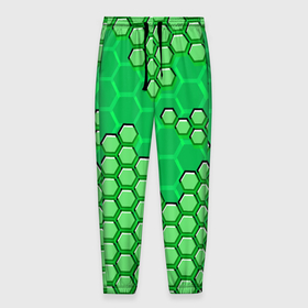 Мужские брюки 3D с принтом Зелёная энерго броня из шестиугольников в Санкт-Петербурге, 100% полиэстер | манжеты по низу, эластичный пояс регулируется шнурком, по бокам два кармана без застежек, внутренняя часть кармана из мелкой сетки | Тематика изображения на принте: 