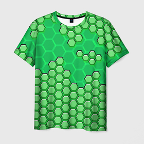 Мужская футболка 3D с принтом Зелёная энерго броня из шестиугольников в Санкт-Петербурге, 100% полиэфир | прямой крой, круглый вырез горловины, длина до линии бедер | Тематика изображения на принте: 