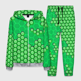 Мужской костюм 3D с принтом Зелёная энерго броня из шестиугольников в Тюмени, 100% полиэстер | Манжеты и пояс оформлены тканевой резинкой, двухслойный капюшон со шнурком для регулировки, карманы спереди | Тематика изображения на принте: 