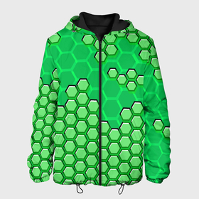 Мужская куртка 3D с принтом Зелёная энерго броня из шестиугольников в Санкт-Петербурге, ткань верха — 100% полиэстер, подклад — флис | прямой крой, подол и капюшон оформлены резинкой с фиксаторами, два кармана без застежек по бокам, один большой потайной карман на груди. Карман на груди застегивается на липучку | 