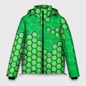 Мужская зимняя куртка 3D с принтом Зелёная энерго броня из шестиугольников в Санкт-Петербурге, верх — 100% полиэстер; подкладка — 100% полиэстер; утеплитель — 100% полиэстер | длина ниже бедра, свободный силуэт Оверсайз. Есть воротник-стойка, отстегивающийся капюшон и ветрозащитная планка. 

Боковые карманы с листочкой на кнопках и внутренний карман на молнии. | Тематика изображения на принте: 