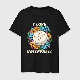 Мужская футболка хлопок с принтом I love volleyball в Петрозаводске, 100% хлопок | прямой крой, круглый вырез горловины, длина до линии бедер, слегка спущенное плечо. | 
