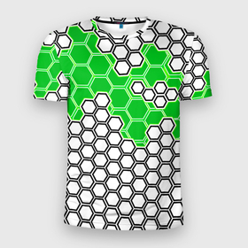 Мужская футболка 3D Slim с принтом Зелёная энерго броня из шестиугольников в Санкт-Петербурге, 100% полиэстер с улучшенными характеристиками | приталенный силуэт, круглая горловина, широкие плечи, сужается к линии бедра | Тематика изображения на принте: 