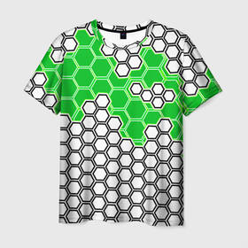 Мужская футболка 3D с принтом Зелёная энерго броня из шестиугольников в Санкт-Петербурге, 100% полиэфир | прямой крой, круглый вырез горловины, длина до линии бедер | 