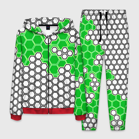 Мужской костюм 3D с принтом Зелёная энерго броня из шестиугольников в Санкт-Петербурге, 100% полиэстер | Манжеты и пояс оформлены тканевой резинкой, двухслойный капюшон со шнурком для регулировки, карманы спереди | Тематика изображения на принте: 