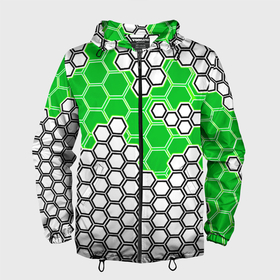 Мужская ветровка 3D с принтом Зелёная энерго броня из шестиугольников , 100% полиэстер | подол и капюшон оформлены резинкой с фиксаторами, два кармана без застежек по бокам, один потайной карман на груди | 