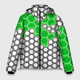 Мужская зимняя куртка 3D с принтом Зелёная энерго броня из шестиугольников в Санкт-Петербурге, верх — 100% полиэстер; подкладка — 100% полиэстер; утеплитель — 100% полиэстер | длина ниже бедра, свободный силуэт Оверсайз. Есть воротник-стойка, отстегивающийся капюшон и ветрозащитная планка. 

Боковые карманы с листочкой на кнопках и внутренний карман на молнии. | Тематика изображения на принте: 