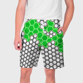 Мужские шорты 3D с принтом Зелёная энерго броня из шестиугольников ,  полиэстер 100% | прямой крой, два кармана без застежек по бокам. Мягкая трикотажная резинка на поясе, внутри которой широкие завязки. Длина чуть выше колен | 