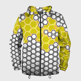 Мужская ветровка 3D с принтом Жёлтая энерго броня из шестиугольников , 100% полиэстер | подол и капюшон оформлены резинкой с фиксаторами, два кармана без застежек по бокам, один потайной карман на груди | 