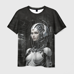 Мужская футболка 3D с принтом Девушка андроид в белом корпусе в Курске, 100% полиэфир | прямой крой, круглый вырез горловины, длина до линии бедер | Тематика изображения на принте: 