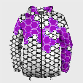 Мужская ветровка 3D с принтом Фиолетовая энерго броня из шестиугольников , 100% полиэстер | подол и капюшон оформлены резинкой с фиксаторами, два кармана без застежек по бокам, один потайной карман на груди | 