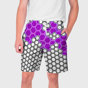 Мужские шорты 3D с принтом Фиолетовая энерго броня из шестиугольников ,  полиэстер 100% | прямой крой, два кармана без застежек по бокам. Мягкая трикотажная резинка на поясе, внутри которой широкие завязки. Длина чуть выше колен | 