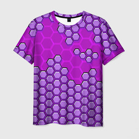 Мужская футболка 3D с принтом Фиолетовая энерго броня из шестиугольников в Санкт-Петербурге, 100% полиэфир | прямой крой, круглый вырез горловины, длина до линии бедер | 